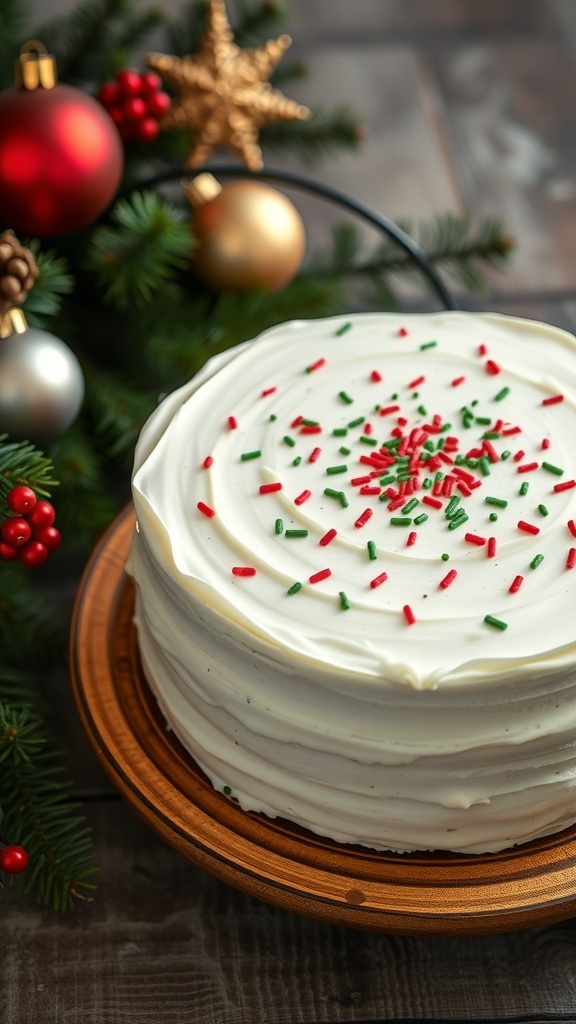 Classic Christmas Cake Icing Recipe A festive Christmas cake with white icing and colorful sprinkles on a wooden table with holiday decorations.